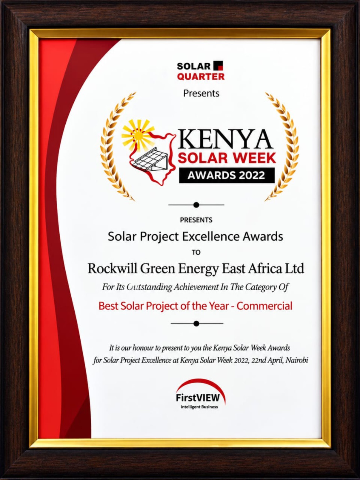Kenya Solar Week Awards 2022 certificate presented to Rockwill Green Energy East Africa Ltd for Best Solar Project of the Year — Commercial