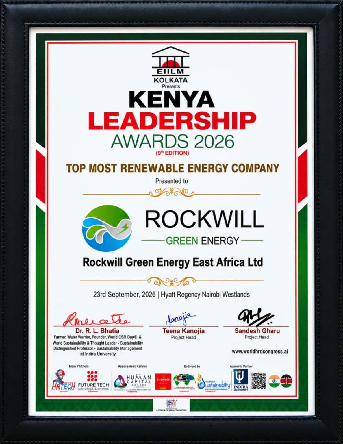 Kenya Leadership Awards 2026 certificate presented to Rockwill Green Energy East Africa Ltd as Top Most Renewable Energy Company